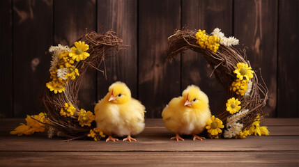 Wall Mural - Two yellow chicks beside a floral wreath on a wooden backdrop.