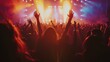 © Ellionn - Fun music concert. Popular band star sing song. Happy fans people enjoy rock festival. Night club rave life. Disco show. Beautiful neon light. Pop musician man live perform. Singer play silhouette.