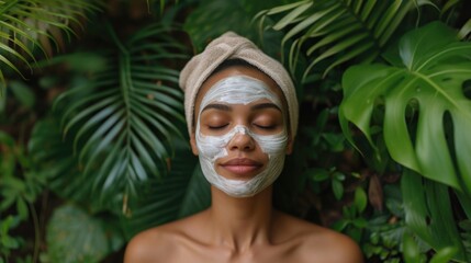 Woman with clay face mask, natural skin care, against tropical leaves background