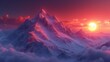 Illustrate a mountain landscape with the sun setting behind rugged peaks