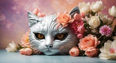 Wall Mural - Cat mask isolated on silky flower background