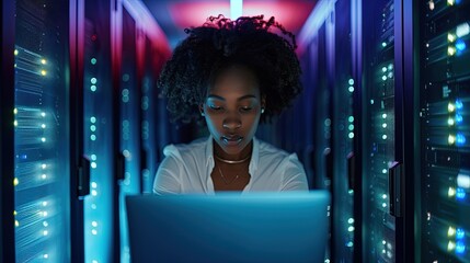 Young black woman using a laptop in a dark server room. Black female IT support engineer managing critical server room tasks.
