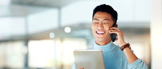 Poster - Business, phone call and Asian man with a tablet, smile and creative with connection, contact and internet. Japanese person, employee and entrepreneur with a smartphone, conversation and technology
