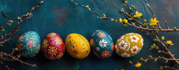 Wall Mural - Colorful easter eggs on blue background. Happy Easter concept