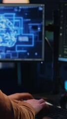 Poster - computer scientist writes code on pc to visualize artificial intelligence neural networks. remote it