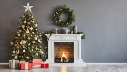 Wall Mural - Modern classic gray empty interior with fireplace, christmas tree and gifts. 3d render illustration mock up