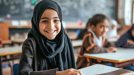 Wall Mural - Portrait of a Muslim girl hijab in classroom. Her hijab symbolizes her faith, values, and dedication to learning.