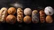 Gourmet Bread Selection with Various Seeds and Grains on a Dark Slate