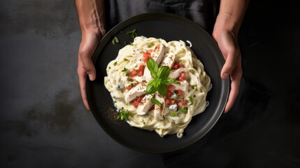 Poster - Classic Fettuccine Alfredo Garnished with Parsley and Pepper, Held in Hands