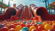 Three tubular red slides and a ball pit in a music festival. Generative AI.