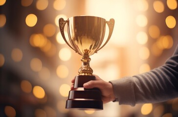 Poster - a person putting up a company trophy on his hand