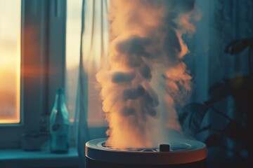 Poster - A humidifier with steam rising out of it is pictured in front of a window.