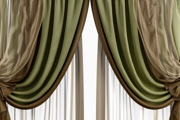 Poster - Window with green and brown drapes. Can be used to add a touch of nature and warmth to any interior design