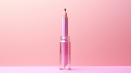 Poster - Pencil in a glass jar on a pink surface. Perfect for office supplies or back-to-school concepts