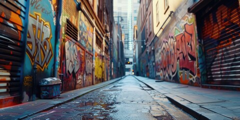 Poster - A rainy street with buildings covered in graffiti and a fire hydrant. Ideal for urban photography or depicting a gritty cityscape