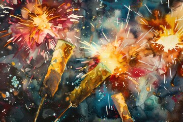 Poster - A vibrant painting capturing the beauty of fireworks lighting up the night sky. Perfect for adding a festive touch to any celebration or event