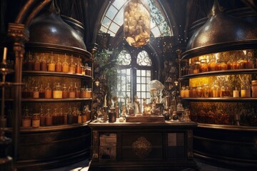 Aufkleber - A room filled with various bottles and jars. Perfect for showcasing a collection or representing organization.