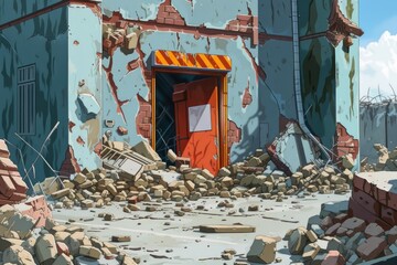 Poster - A building covered in rubble, with debris scattered around. Suitable for illustrating destruction, demolition, or natural disaster concepts