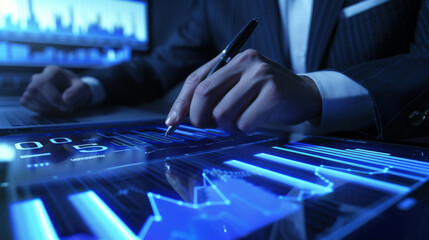 Sticker - close-up of a person's hand using a digital interface with glowing blue graphs and analytics