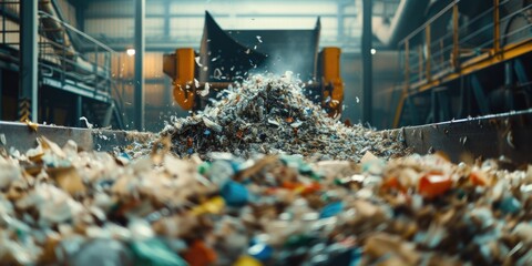 Poster - A large pile of garbage in a warehouse. Can be used to depict waste management, recycling, or environmental pollution