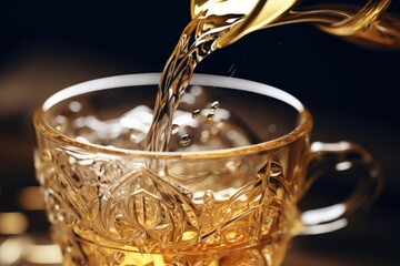Poster - A glass filled with liquid being poured into a cup. Perfect for showcasing the act of pouring and capturing the beauty of liquids. Ideal for food and beverage-related projects
