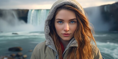 Poster - A woman standing in front of a beautiful waterfall. Perfect for nature and travel websites or publications