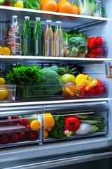 Poster - A refrigerator filled with a wide selection of different types of food. This versatile image can be used to showcase the abundance of food options or to depict a well-stocked kitchen