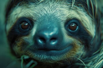 Aufkleber - A close-up view of a sloth's face with a blurry background. This image can be used to depict the unique features and expressions of sloths in various projects