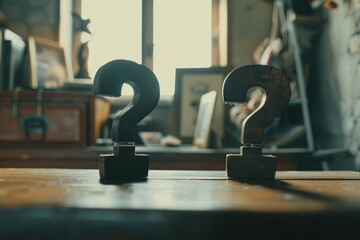 Poster - A wooden table with a pair of question marks, representing uncertainty or confusion. Can be used to illustrate concepts of problem-solving, decision-making, or seeking answers