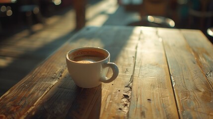 Poster - A cup of coffee sitting on top of a wooden table. Perfect for coffee shop promotions or cozy home decor