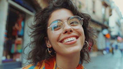 Aufkleber - A woman wearing glasses and a vibrant, colorful shirt with a big smile. This image can be used to convey happiness, positivity, and confidence