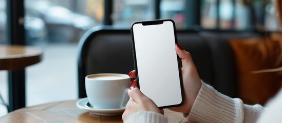 Poster - a woman is seated at a table, holding a cell phone with a white screen. the rectangular display devi