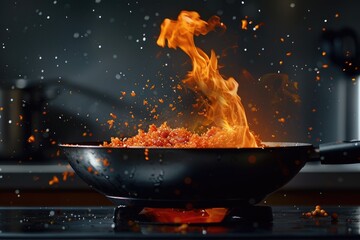 Wall Mural - A frying pan on a stove with flames shooting out of it. This image can be used to depict cooking, heat, or danger in the kitchen