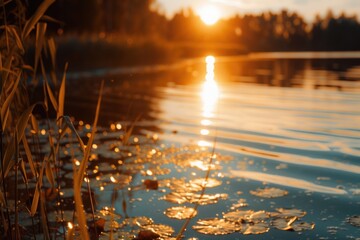 Poster - A beautiful sunset with the sun setting over a serene body of water. This image captures the peacefulness and tranquility of nature.