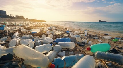 Poster - A beach completely covered in plastic bottles and trash. Ideal for raising awareness about environmental pollution and the need for recycling