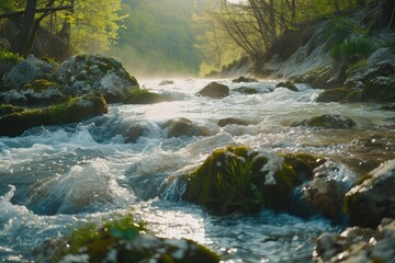 Wall Mural - A beautiful stream flowing through a vibrant green forest. Perfect for nature and landscape enthusiasts.