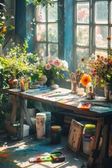 Aufkleber - A table adorned with a beautiful bunch of flowers. Perfect for adding a touch of elegance to any space
