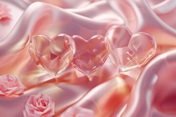 Poster - Two hearts resting on a bed of pink roses. Suitable for romantic occasions and Valentine's Day