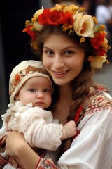 Sticker - A woman gently cradles a baby in her arms, both wearing a delicate flower crown.