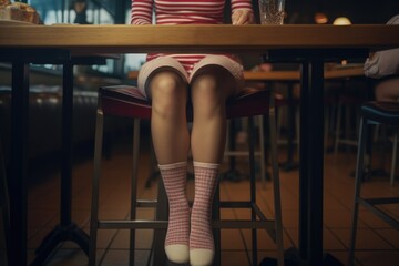 Poster - A woman sitting at a table in a restaurant. Suitable for food and dining-related projects