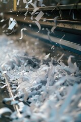 Poster - Shredded paper on a conveyor belt, suitable for recycling or waste management purposes