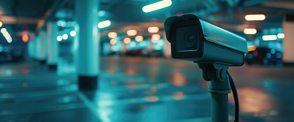 Poster - A security camera captures the activity in a parking garage at night. This image can be used to showcase security measures in urban environments