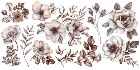 Poster - Colorful flowers and leaves arranged in a bunch on a clean white background. Perfect for adding a touch of nature to any design or project