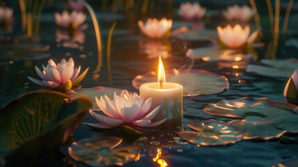 Poster - A lit candle floating in a serene pond surrounded by beautiful water lilies. Perfect for adding a touch of tranquility to any project
