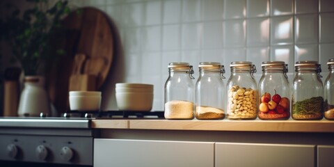 Poster - A kitchen counter with various jars filled with food. Ideal for illustrating food storage, organization, and a well-stocked pantry