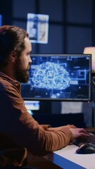 Poster - programmer using computer to update artificial intelligence neural networks, drinking coffee and wri