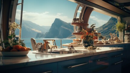Poster - A kitchen featuring a sink and a large window. Perfect for showcasing a bright and airy space.