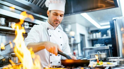 Wall Mural - A chef is seen cooking in a kitchen with flames in the background. This image can be used to depict a professional chef in action or to showcase the intensity and skill involved in cooking.