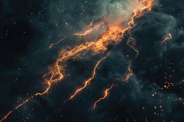 Poster - A picture of a dark cloud filled with vibrant orange and yellow lightning. Perfect for adding an electrifying atmosphere to any project