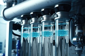 Poster - Glass bottles filled with blue liquid, suitable for scientific experiments or laboratory settings